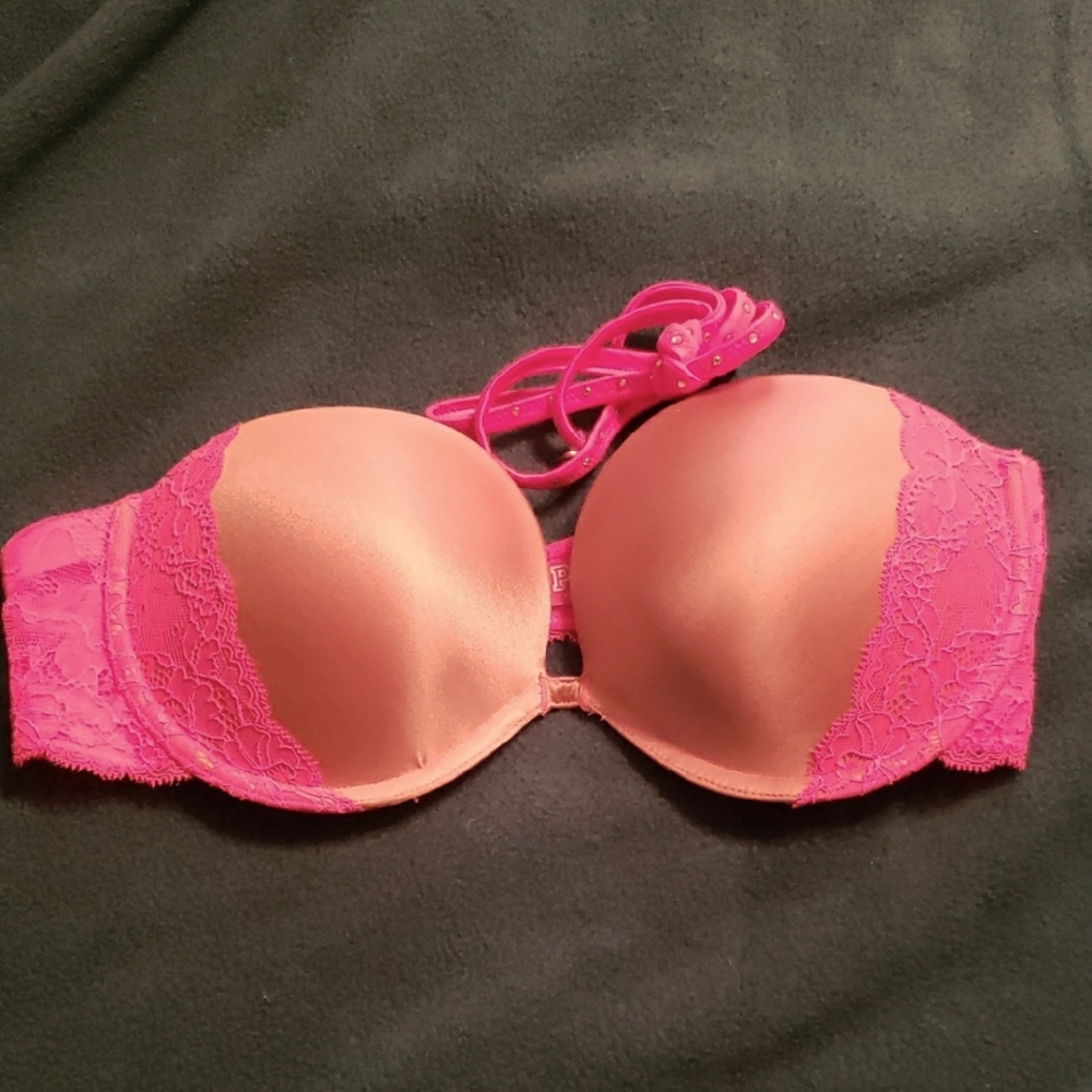 Victoria's Secret Coral and Pink Lace Bra EUC